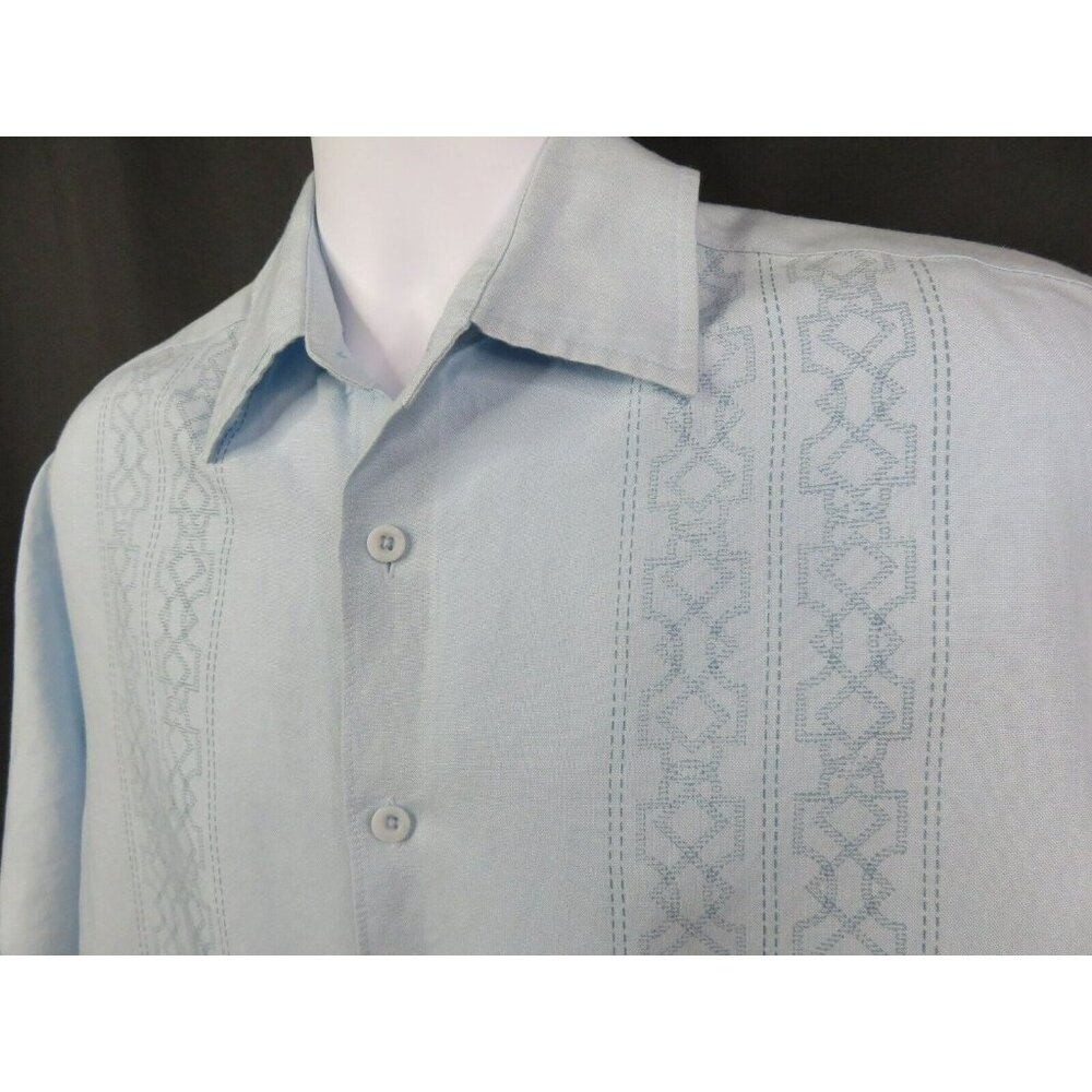 Cubavera Guayabera Shirt L Light Blue Geometric Panel Short Sleeve